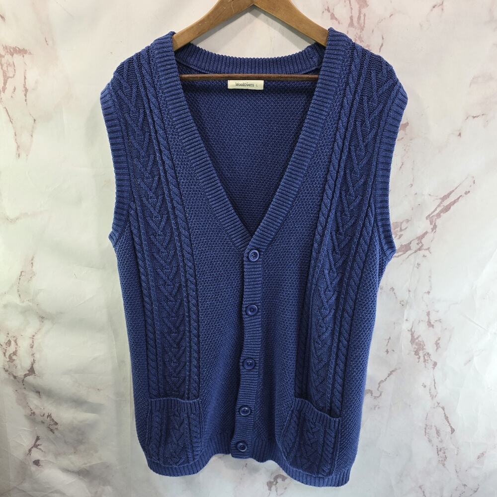 Woolovers Sweater Vest Mens Large Blue Cotton Cable Knit Grandpa V Neck